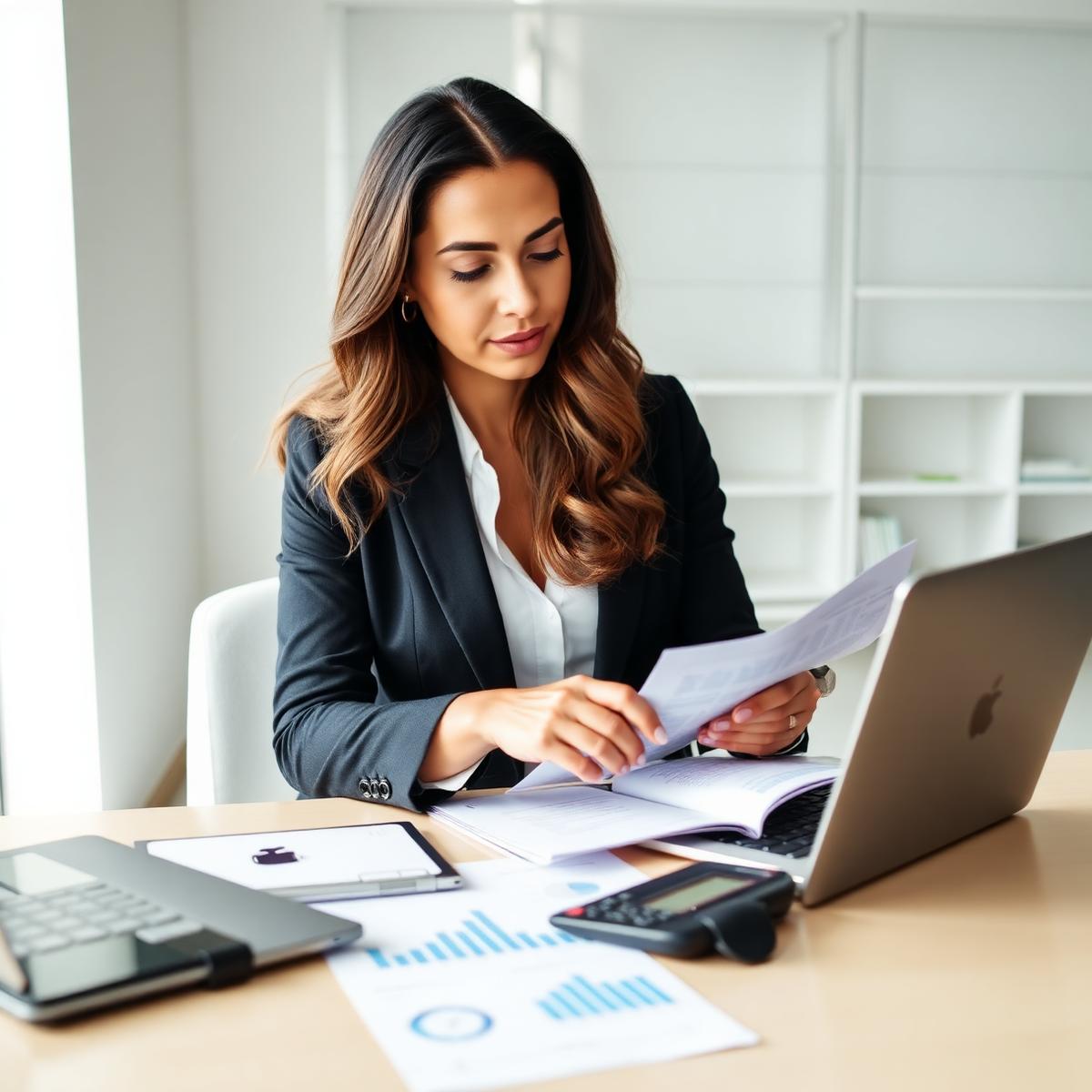Contadora analisando relatórios financeiros
